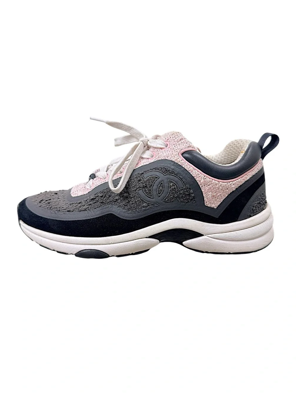 Chanel 2021 Pink Grey Tweed CC Sneakers 37.5